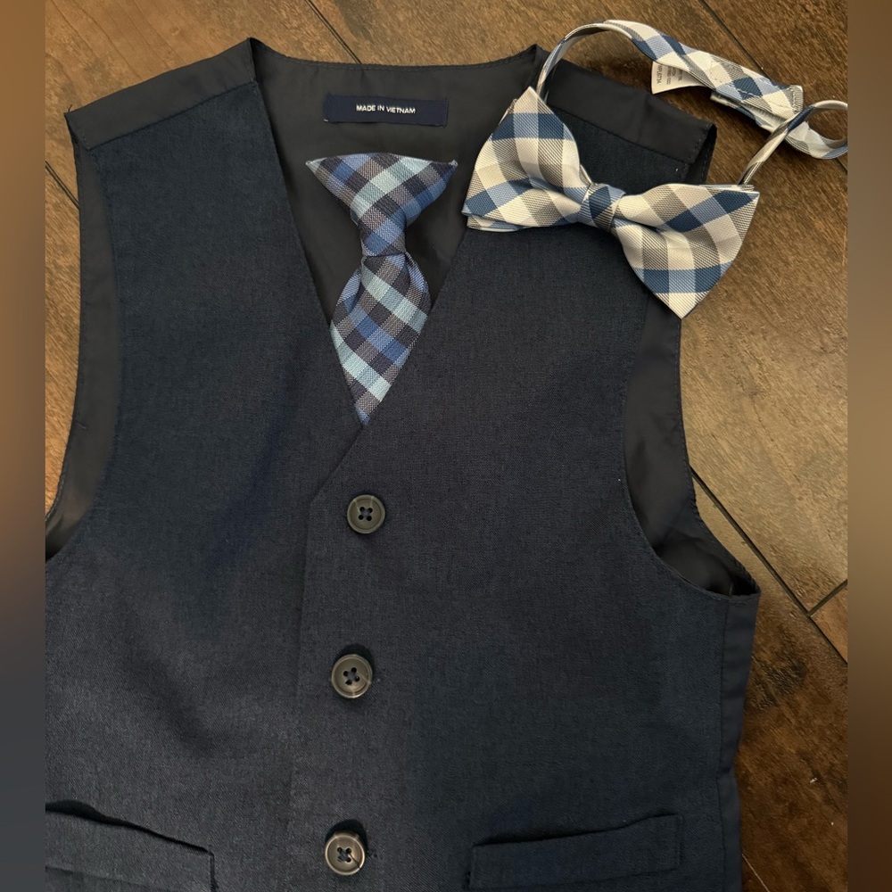 Chaps size 5, navy blue suit pants and vest, with clip on tie and bow tie